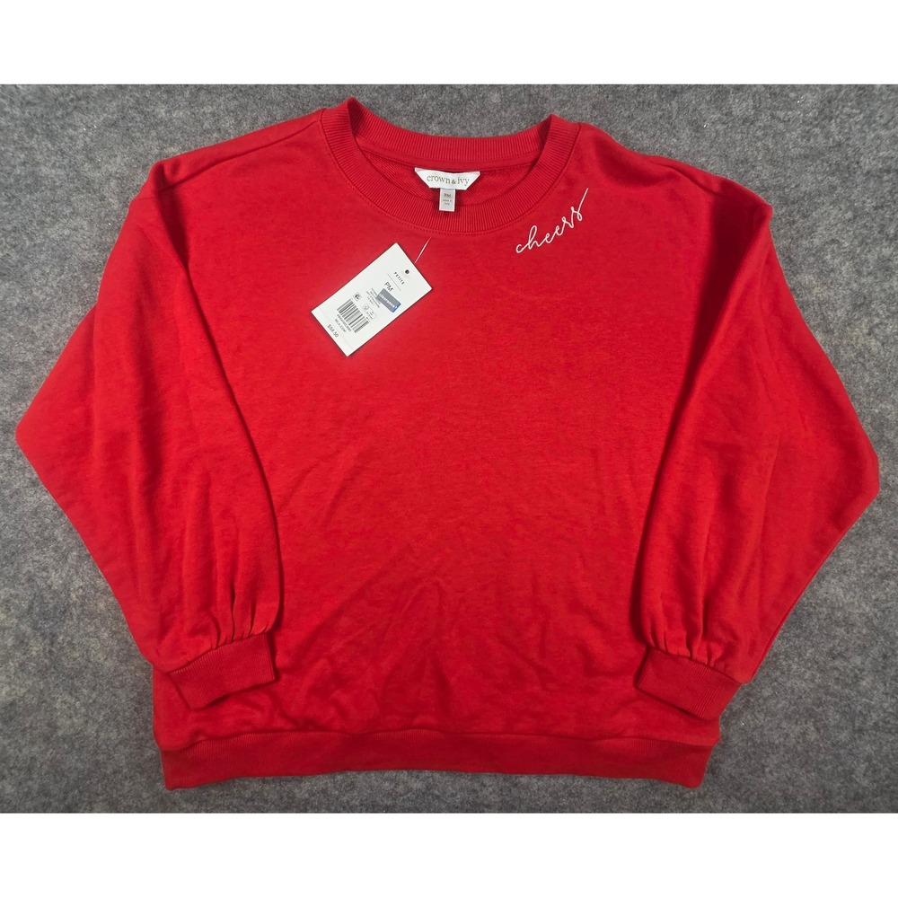 Crown & Ivy Red Cheers Embroidered Sweatshirt Petite Medium PM NWT